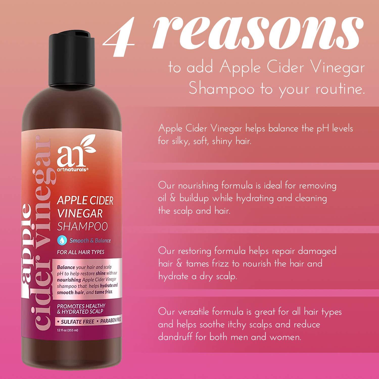 imageArtnaturals Apple Cider Vinegar Shampoo 12 Fl Oz 355ml for All Hair Types Plant Base Blend Coconut Oil and Vitamin E for Split Ends Shine Stronger and Smoother12 Fl Oz Pack of 1