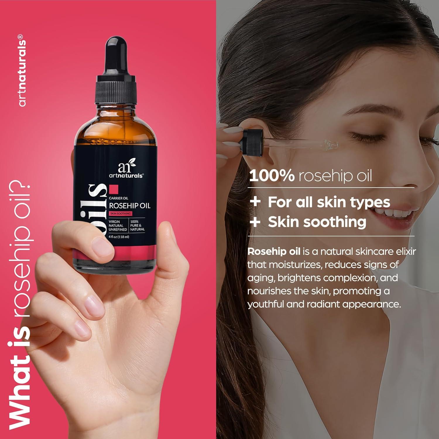 imageArtnaturals Rosehip Seed Oil 4 oz for Face Hair ampamp Skin 100 Pure Natural Cold Pressed ampamp Unrefined Rose Hip Oil AntiAging Moisturizer Facial Oil for Fine Lines Scars ampamp Wrinkles
